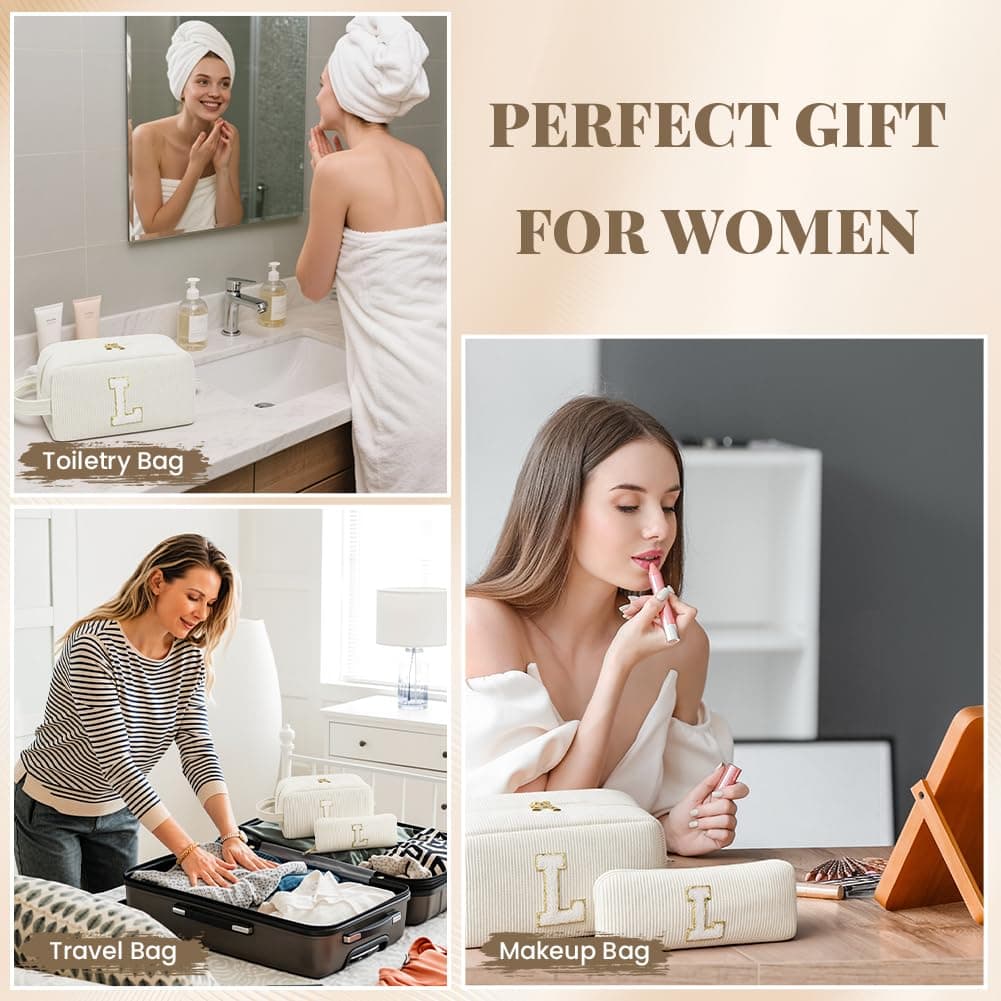 Set Neceser Mujer Personalizado Inicial, 2 piezas Neceser de Maquillaje de Pana, Bolsa de Cosméticos de Viaje, Bolsa de Aseo con Letra, Regalo para Mamá Mujeres Novias Mejores Amigas (Beige - L) — view 5