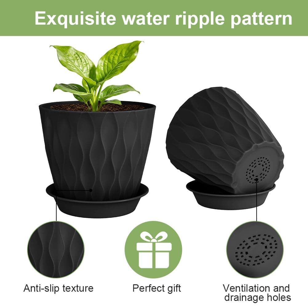 Macetero con Plato, 6pcs Maceta Redonda Clásica de Plástico con Agujeros de Drenaje, 13.5cm Altura x 15cm Diámetro Superior x 9cm Diámetro Base, Apto balcón, Patio, Interior/Exterior（Negro） — view 3