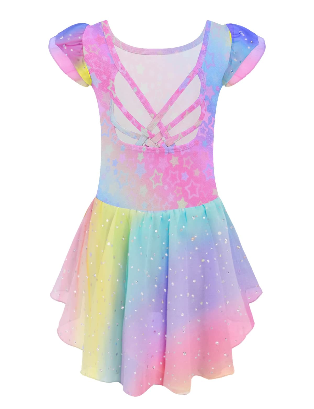 Arshiner Traje de Ballet para Niñas de 2-10 Años Sin Espalda Manga Corta Ropa de Danza Mono de Algodón con Falda Irregular con Lentejuelas — view 8