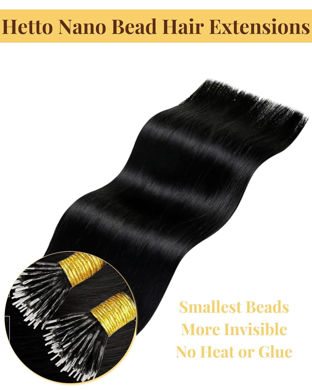 Hetto Nano Hair Extensions Real Human Hair Black - Natural Invisible Nano Beads Extensions, Cold Fusion Pre Bonded Nano Ring Tiny Attachment for Women Daily Wear 50 g 50 strands #1 14 Inch — view 4
