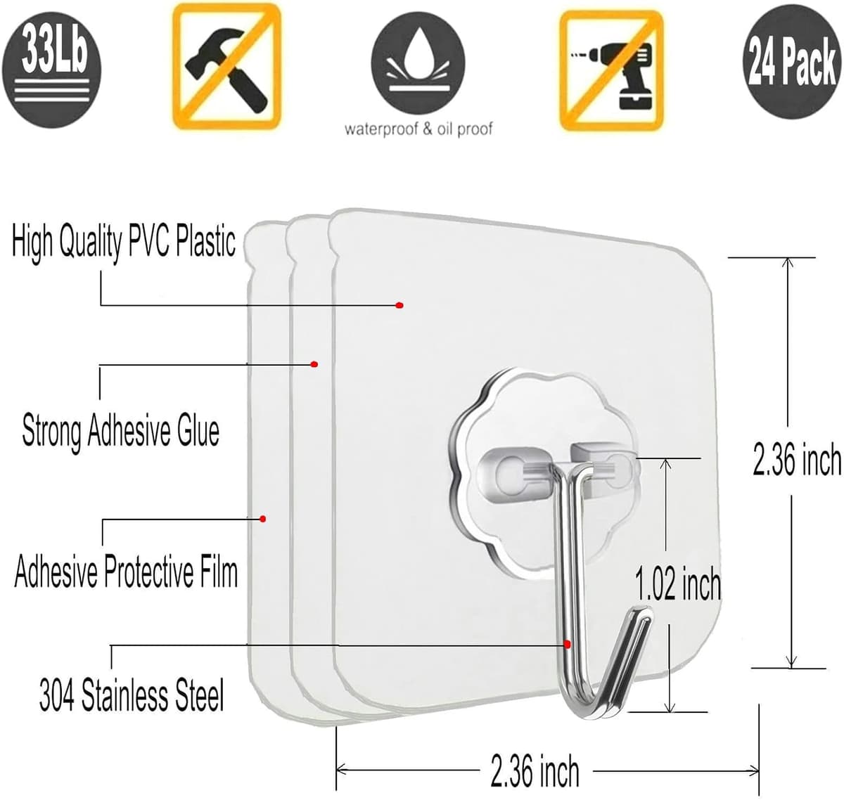 Jiaweixiang 12 Pack Heavy Duty Sticky Wall Hooks - 33lb Max, Transparent, Waterproof, Self Adhesive Hooks for Keys, Bathroom,