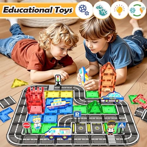 IGIVI 104 PCS Magnetic Tiles Road Set, STEM Construction Toys for Kids Ages 3-5 5-7 4-8, Magnet Building Blocks for Toddler Toys Games, Christmas Birthday Gifts for 3+ Year Old Boys Girls — view 4