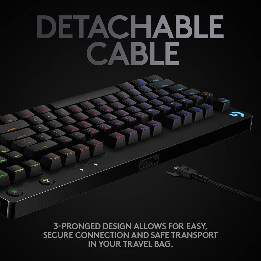 Logitech G PRO Mechanical Gaming Keyboard – Ultra Portable Tenkeyless Design, Detachable Micro USB Cable, Advanced GX Blue Clicky Switches, LIGHTSYNC RGB Backlit Keys, QWERTY UK, PC/Mac - Black — view 6