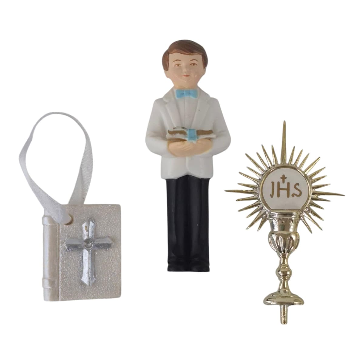 First Holy Communion Cake Topper Set – Boy Figurine, Bible, Chalice/Monstance & Silver Ribbon (1m) – Religious Cake Decoration — view 2