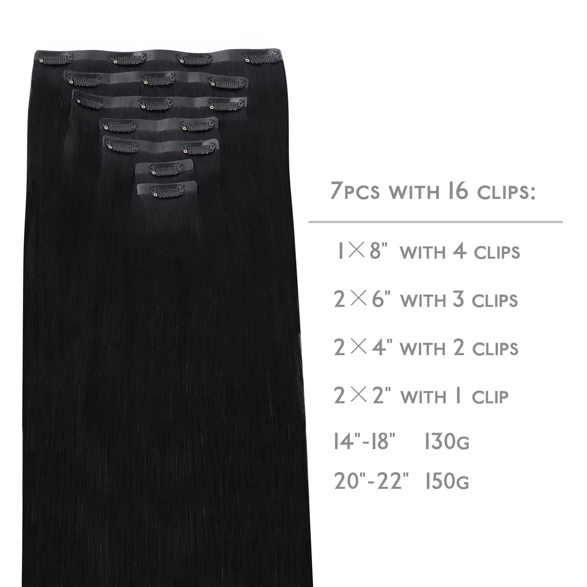 WENNALIFE Extensiones de Clip Seamless de Pelo natural, Negro Azabache 50cm 150g 7 Piezas Sin Costuras Extensiones Pelo Natural Clip Extensiones de Cabello Remy Humano Natural Invisible Clip In — view 2