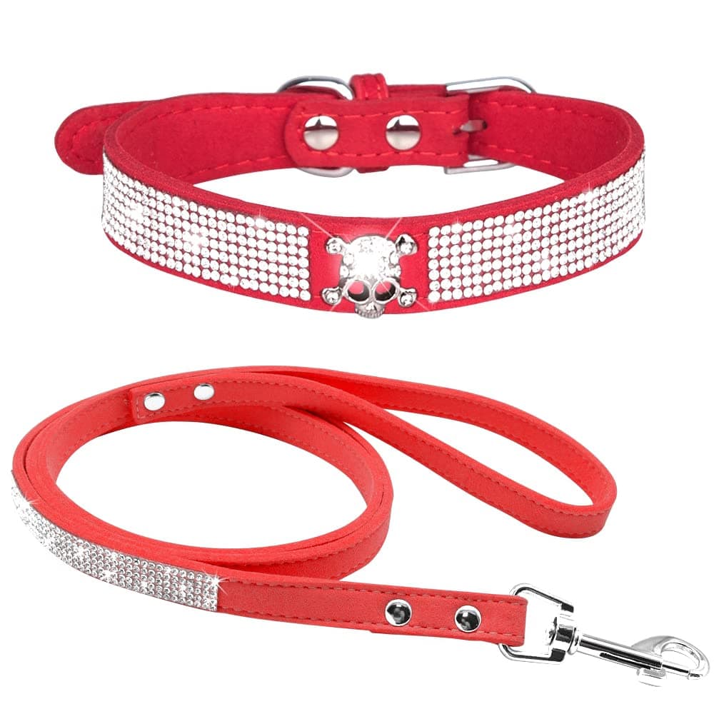 Cute Dazzling Sparkling Elegant Fancy Soft Suede Leather Bling Rhinestone Crystal Jeweled Pet Cat Dog Puppy Collar Dog Leash Combo Set (S, Black-2) — view 34