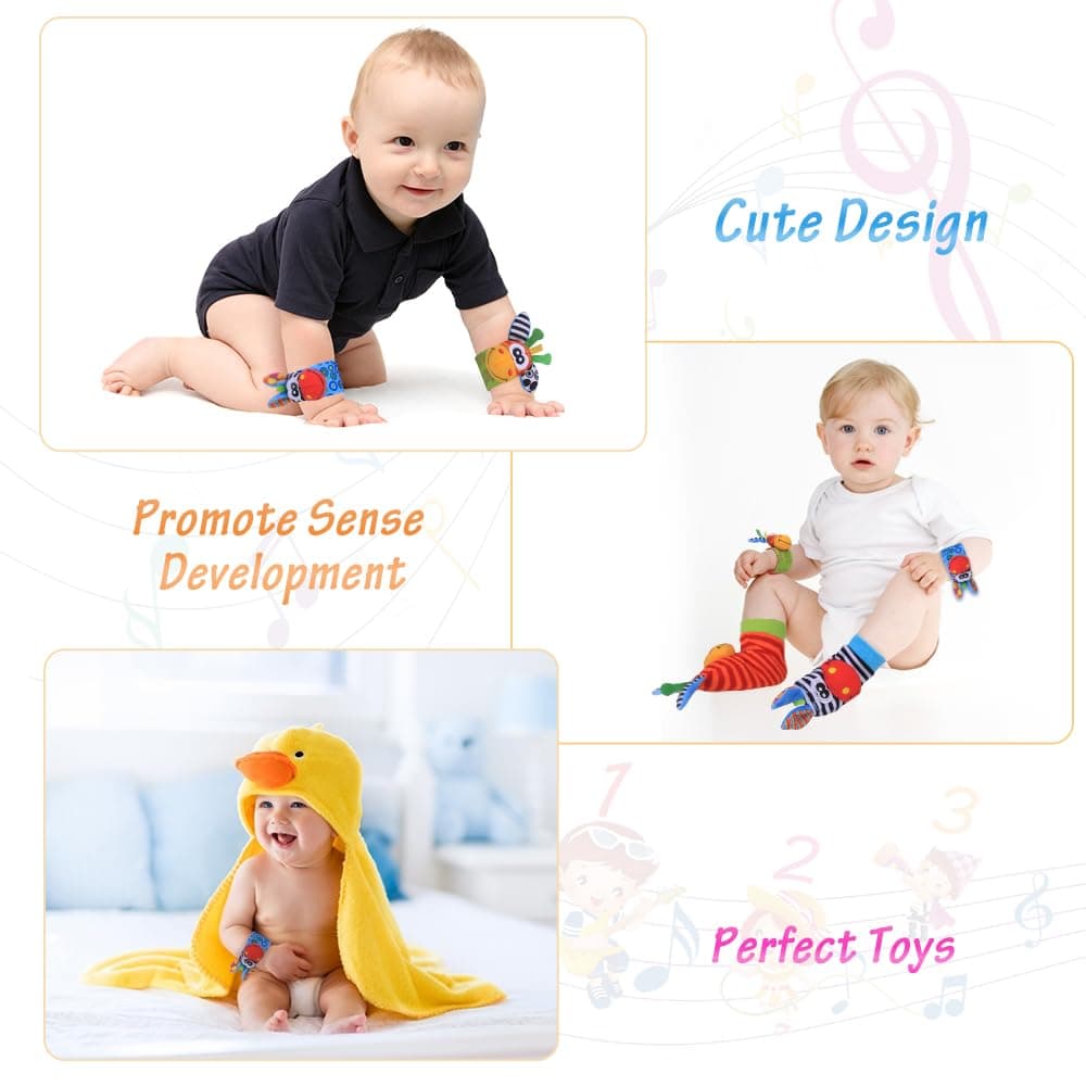 Sonajero Calcetines y Muñequeras para Bebé, Sonajero Toys con Buscador de Muñeca y Pie Juguetes de Animales Suaves y Bonitos para Recién Nacidos Niños Bebés (2 Pulseras y 2 Calcetines) — view 8