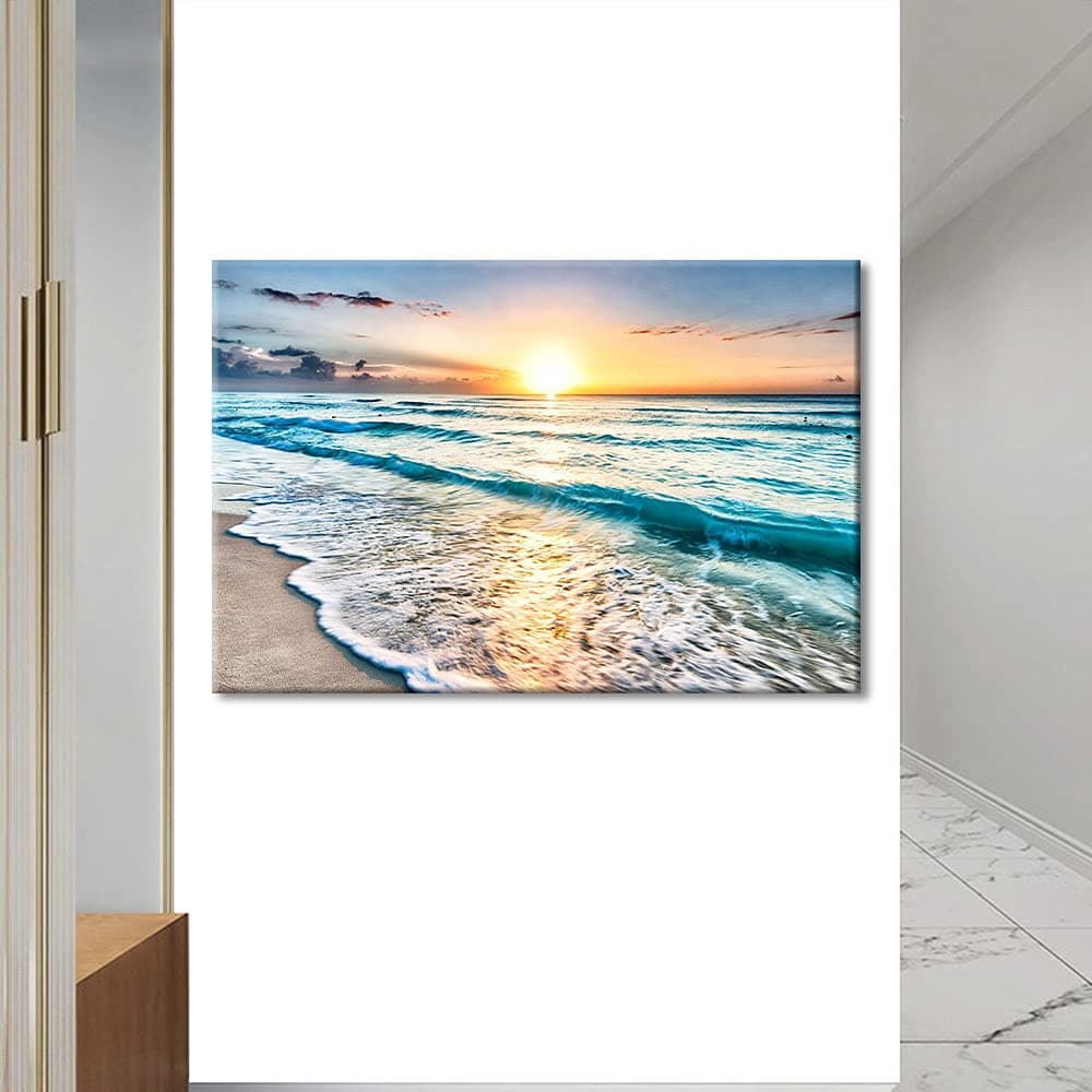 TISHIRON Wall Art Sandy Beach Sunrise Pictures Painting on Canvas Wall Art Modern Framed Seaside Canvas Prints Ready To Hang(24X16in) — view 47