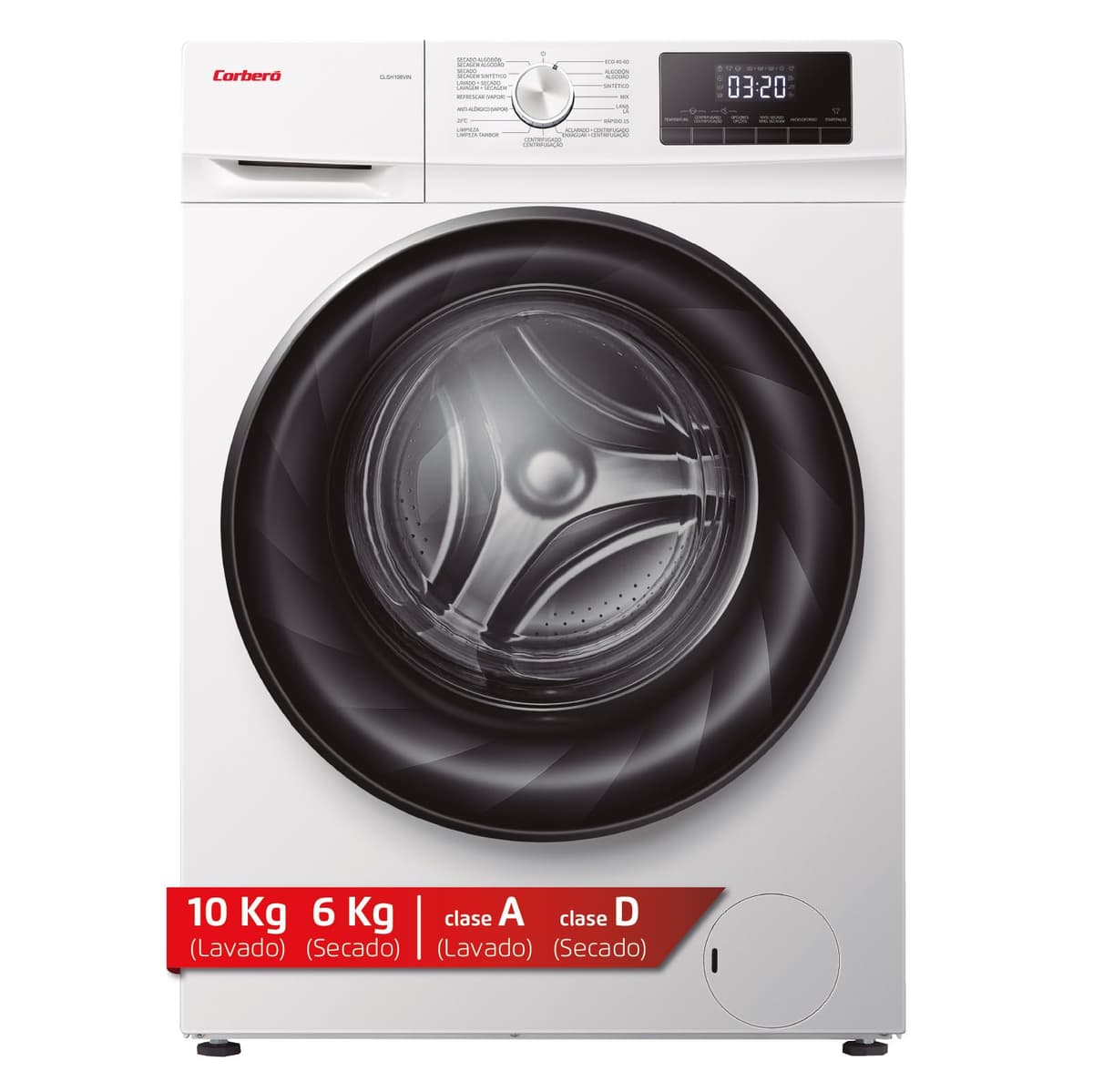Corberó - Lavadora Secadora Carga Frontal | CLSH106VIN | 10 Kg | Lavado, 6 Kg Secado | 1400 RPM | 15 Programas | Inverter | Lavadora Jet | Vapor | Inicio Diferido | ECOlogic | Puerta XXL | Blanco