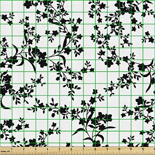 Ambesonne Floral Fabric by The Yard, Victorian Style Curved Flower Baroque Blooms Branches Vintage Motif, Decorative Fabric for Upholstery and Home Accents, 1 Yard, Black and White