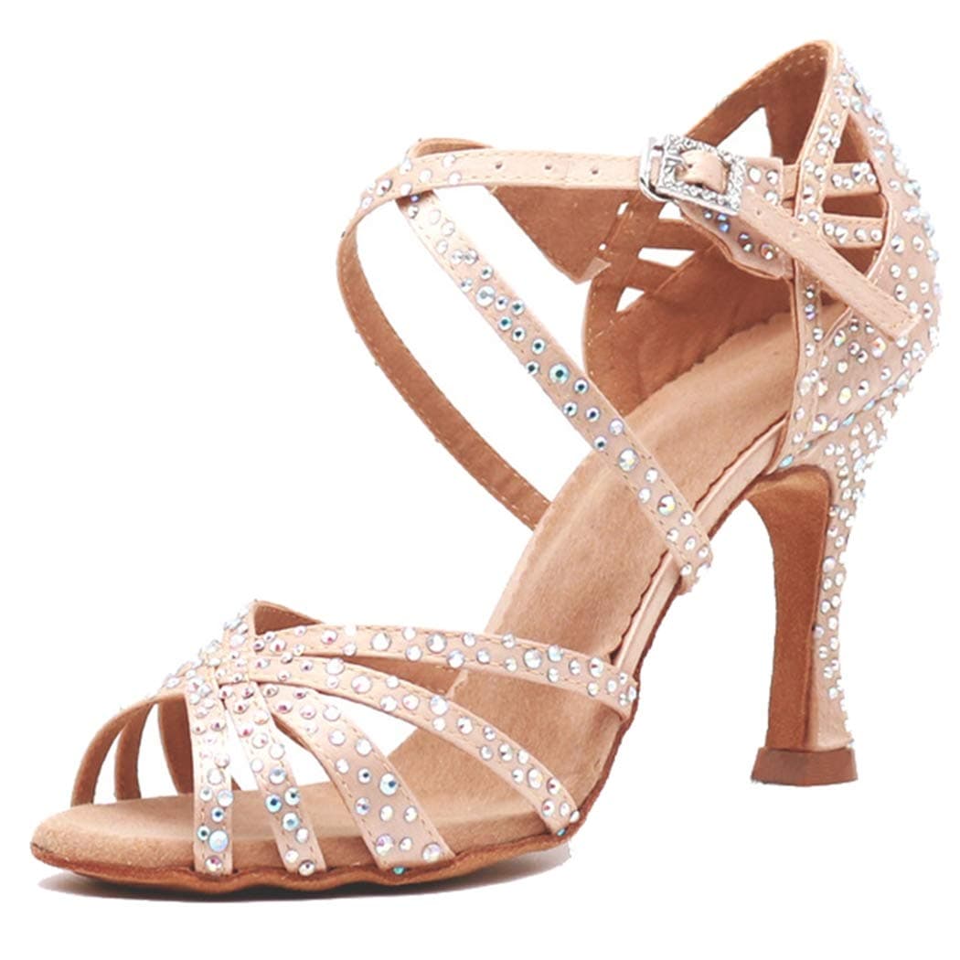 Sandalias de baile moderno latino con correa cruzada para mujer, con diamantes de imitación de tango social, bailes, Tacón marrón de 9 cm.
