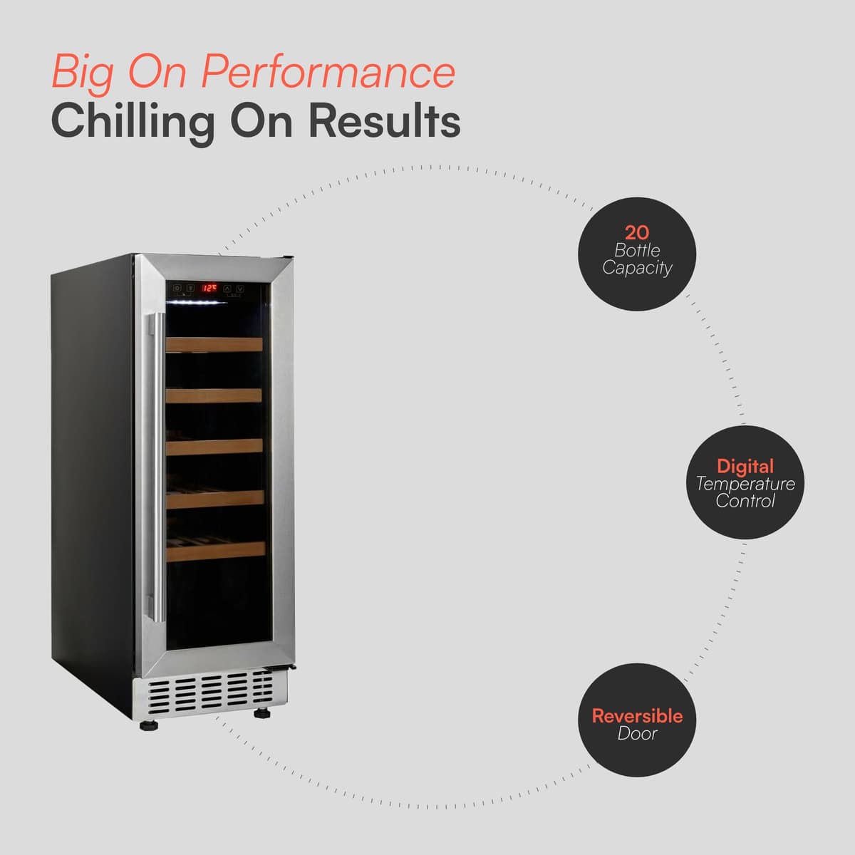 Cookology CWC300SS Freestanding Under Counter Fridge Cabinet 30cm Wine Cooler in Stainless Steel - 20 Bottle & 60 Litre Capacity - 5 Sliding Shelves - Digital Temperature Control - Reversible Door — view 3