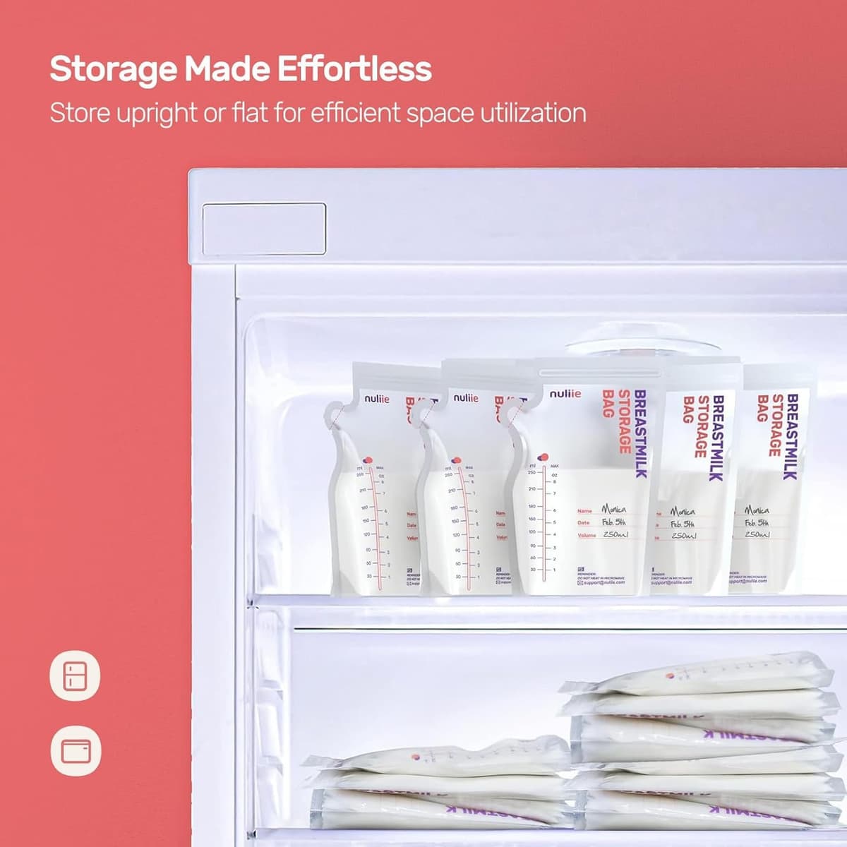 Nuliie 120 Pcs Breast Milk Storage Bags, 250ml BPA Free Milk Storage Bags with Pour Spout for Breastfeeding, Self-Standing or Flat Pre-sterilised Bag, Space Saving for Fridge or Freezer Use — view 6