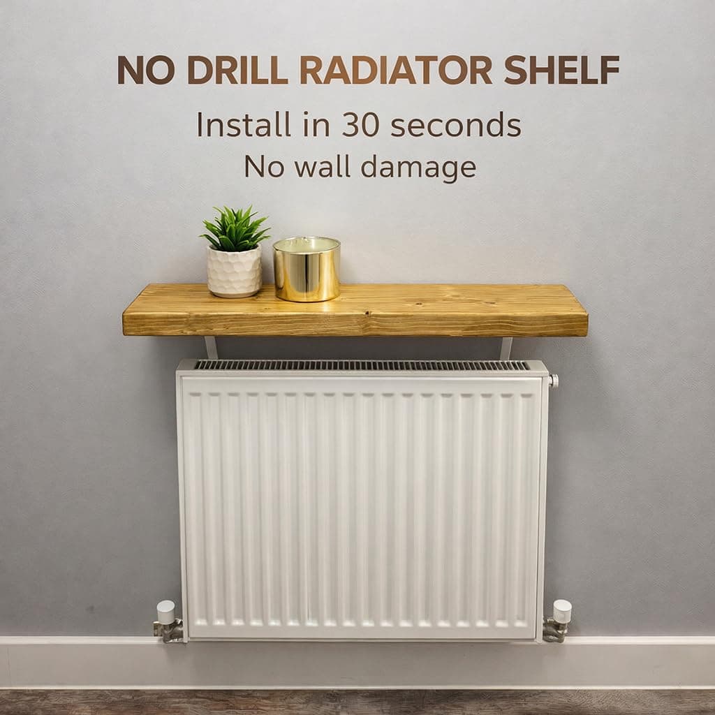 MKGT No Drill Radiator Shelf – Solid Wood Floating Shelf for Hallway & Living Room – Handmade in UK Radiator Cover Top Shelf with Brackets (Rustic Pine, 90cm) — view 3