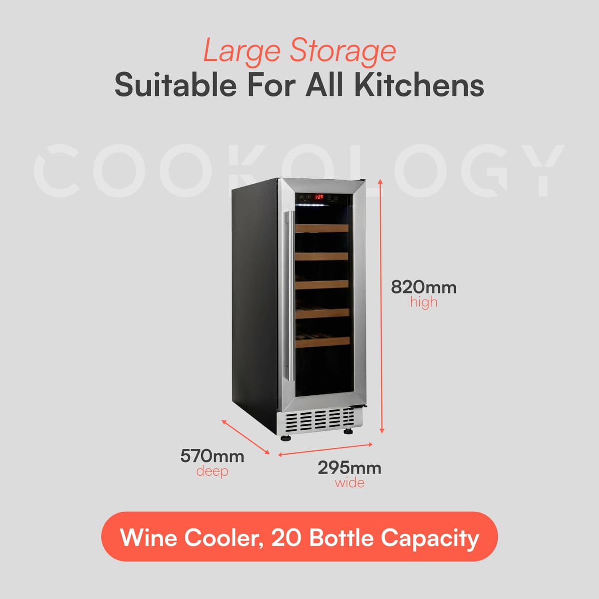 Cookology CWC300SS Freestanding Under Counter Fridge Cabinet 30cm Wine Cooler in Stainless Steel - 20 Bottle & 60 Litre Capacity - 5 Sliding Shelves - Digital Temperature Control - Reversible Door — view 4