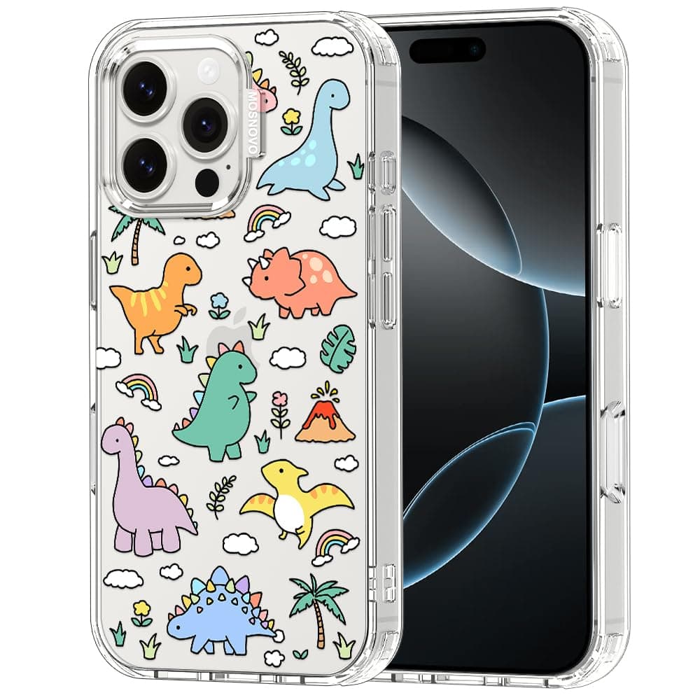MOSNOVO Case for iPhone 16 Pro Max, [Buffertech 6.6ft Military-Grade Drop Protection] [Anti Peel Off Tech] Clear TPU Bumper Phone Case Cover Design - Dinosaur Land