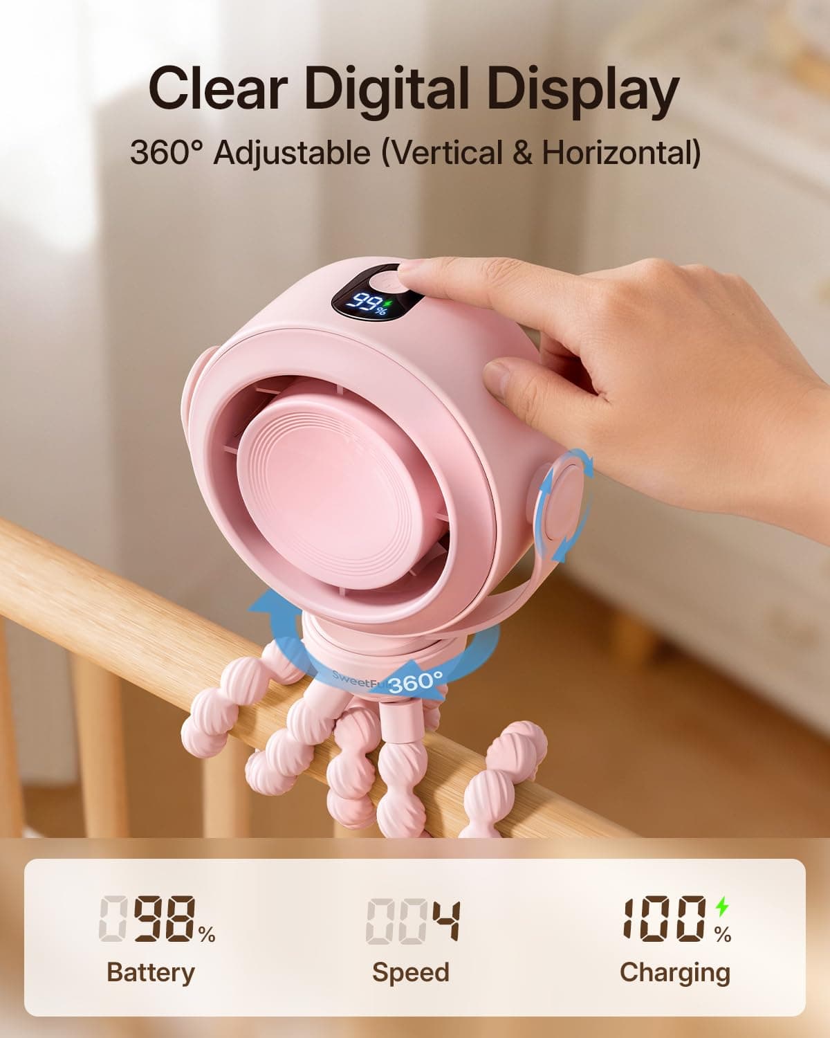 SWEETFULL Ventilador portátil para cochecito, ventilador de bebé a prueba de pellizcos, batería de 10 horas, mini ventilador silencioso de 5 velocidades, recargable por USB-C con pantalla LED para — view 5