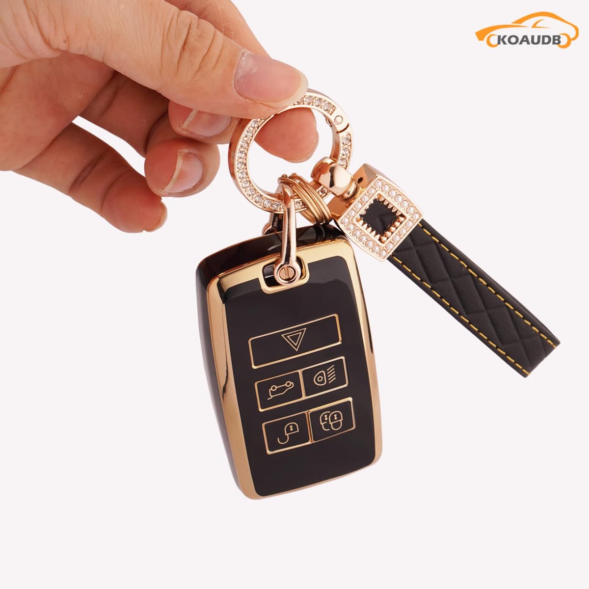 Car Key Cover - 5 Button Fob Case for Discovery Sport, Defender, Range Rover Evoque, Velar, Jaguar XE, XF, XJ - TPU Protection with Leather Keychain - Shell Black Gold — view 5