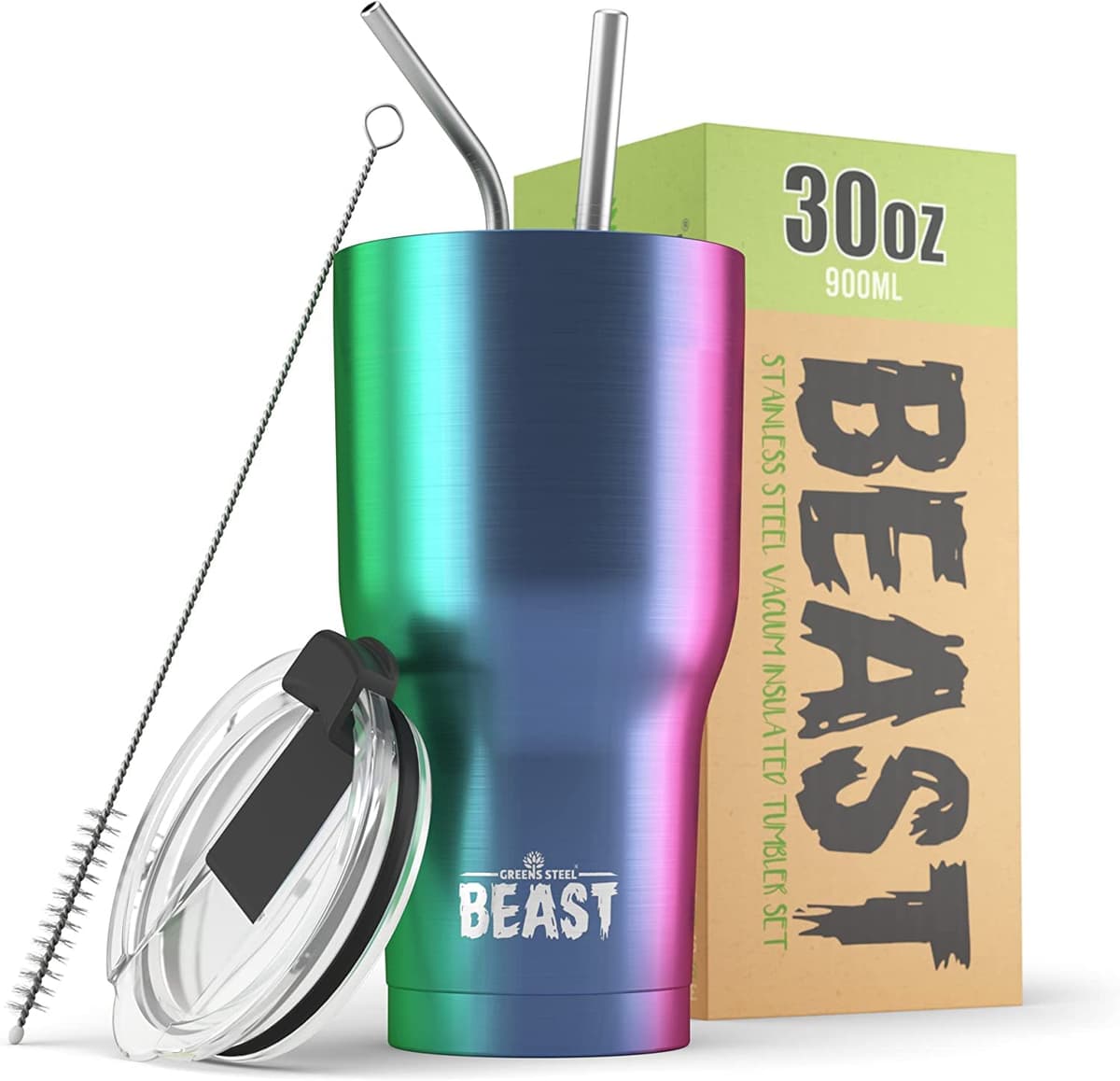 Greens Steel Beast Tumbler – 550 ml (20 oz), Coral | Vaso de acero inoxidable reutilizable con aislamiento al vacío | con 2 pajitas y cepillo de limpieza | Termo de viaje de doble pared — view 35