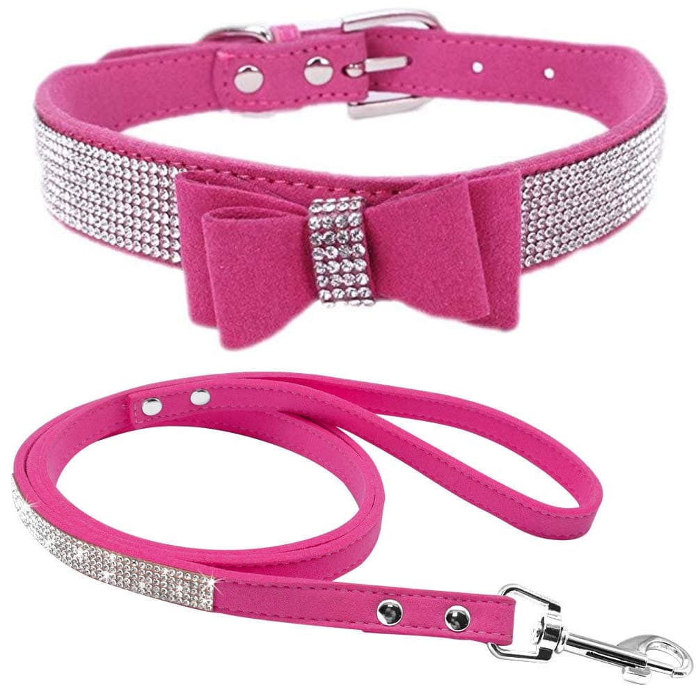 Cute Dazzling Sparkling Elegant Fancy Soft Suede Leather Bling Rhinestone Crystal Jeweled Pet Cat Dog Puppy Collar Dog Leash Combo Set (S, Black-2) — view 29