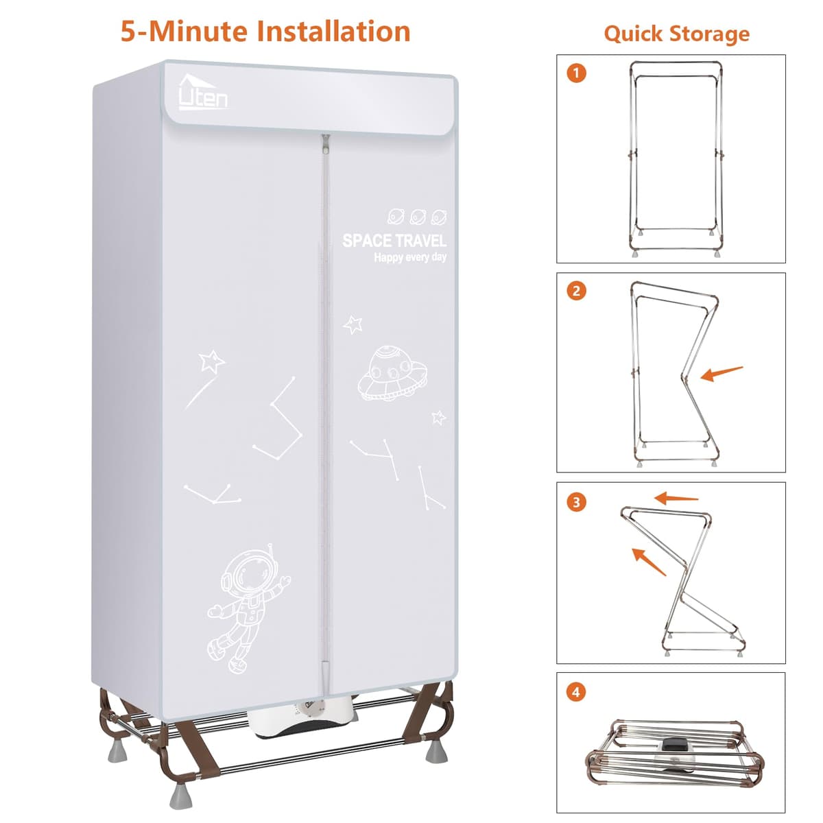 Uten Secadora de Ropa Eléctrica Portátil 1.7m, 1500W Secadora Plegable, Instalación y Almacenamiento Rápido, Capacidad de 15kg, Temporizador de 180 Min y Función de Calefacción PTC, Reducción de Ruido — view 5