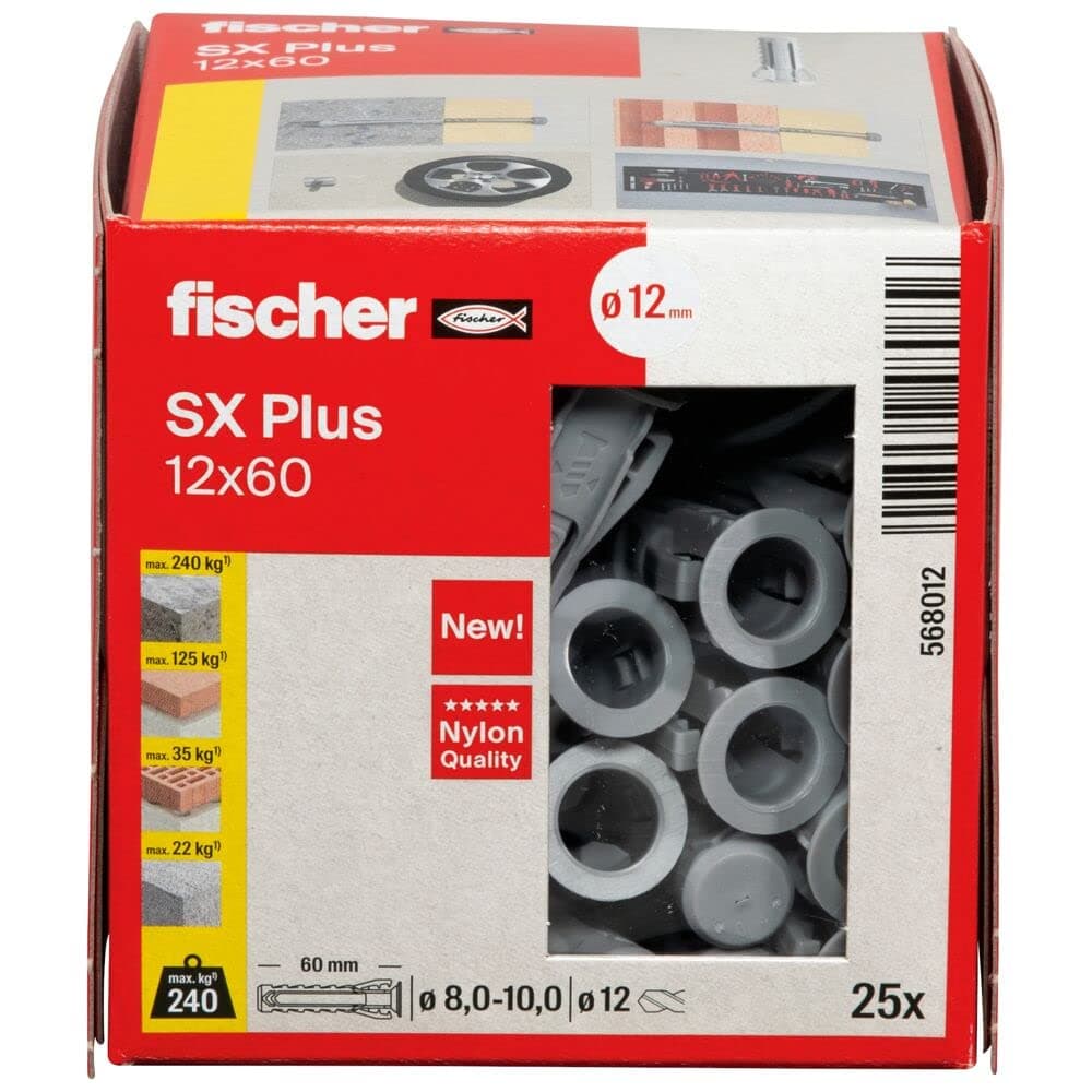 fischer 568012 - Taco de expansión SX Plus 12x60 mm, caja con 25 anclajes de nylon, anclajes para una sujeción óptima al fijar en hormigón, ladrillo macizo, ladrillo (Caja 25 unidades) — view 2