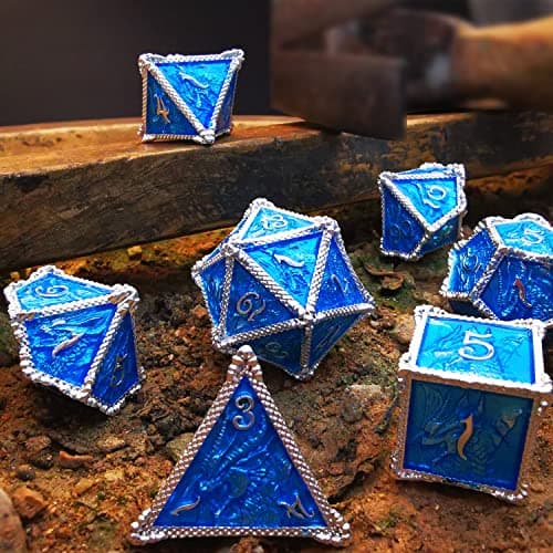 HAOMEJA Metal Dragon Dice Set DND 7 Set Dice Role Playing Dice D&D Dungeons and Dragons (Silver Blue) — view 3