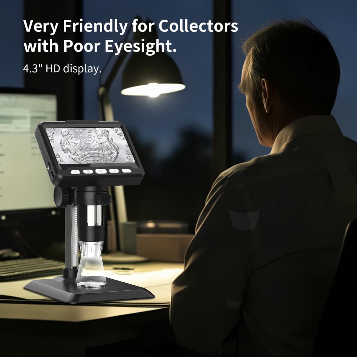 Digital Microscope, 4.3 Inch Coin Microscope 1000X, 1080P Compound,Coin Magnifier with 8 Adjustable LED Light, PC View-Microscopy Black — view 6