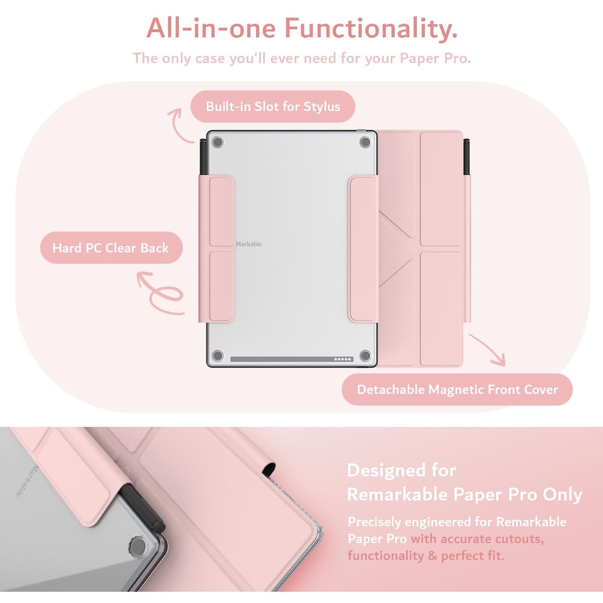 TUDIA M-FLIP Detachable Clear Magnetic Case for reMarkable Paper Pro 11.8" - Slim Transparent Cover with [Auto Wake/Sleep] Strong Magnetic Closure, Foldable Stand & Built-In Stylus Slot (Pink) — view 2