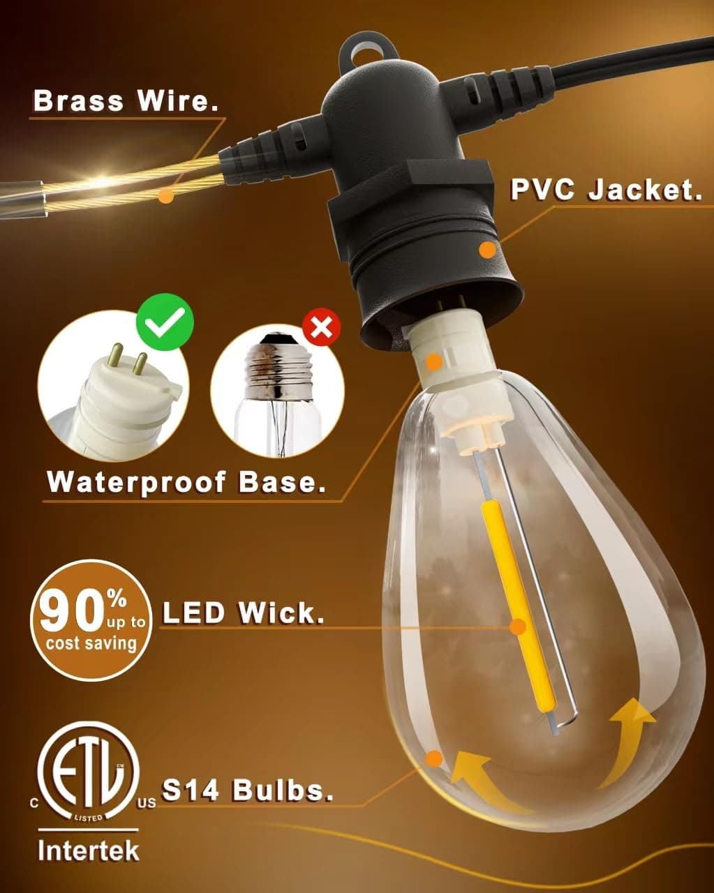 60FT LED Outdoor String Lights with 16+1 Edison Shatterproof IP65 Waterproof Bulbs, 2700K Dimmable Commercial Grade Patio Lights for Garden, Porch, Deck Decor — view 2