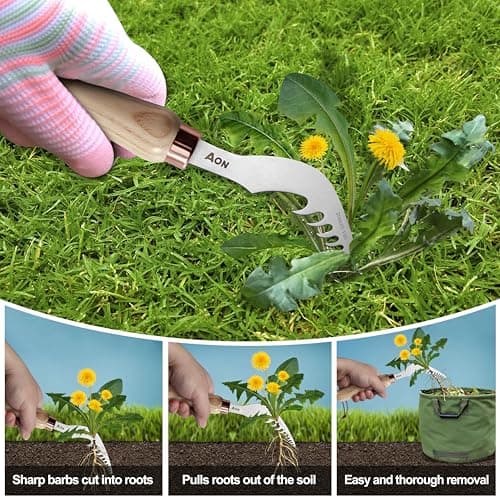 AON 2-Pack Hand Crack Weeder Puller Tool Set - Made with Durable Steel and Ash Wood Ergonomic Handles, Weeding Tools Ideal for Gardens and Patio Lawns to Efficiently Remove Weeds from the Root — view 4