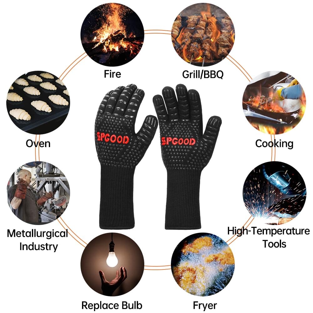 SPGOOD Guantes Barbacoa Guantes Horno Altas temperaturas Largos, BBQ Guantes Resistentes al Calor hasta 800℃ para Cocina, Parrilla, Hornear, Microondas, Chimenea Negro（L/XXL） — view 7