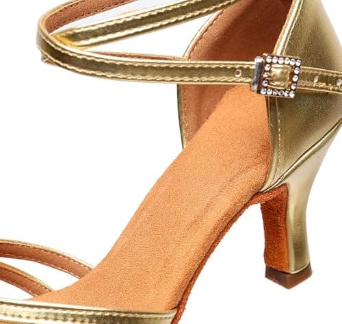 Rosefinch Latin Dance Shoes for Womens Satin Ballroom Salsa Practice Performance Wedding Dancing Shoes High Heels Dancing Shoes for Girls Ladies 7cm Gold 38