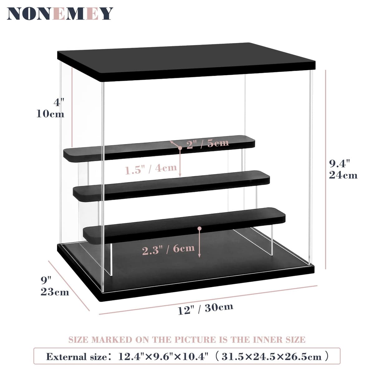 Nonemey Vitrina Expositora Transparente con Luz Led,2/3/4/5/6 Niveles Cajas de Metacrilato de Almacenaje,Antipolvo Caja Organizadora,Vitrina Acrílica para Colecciones (Negro, 4Tier-31.5*24.5*26.5 cm) — view 3