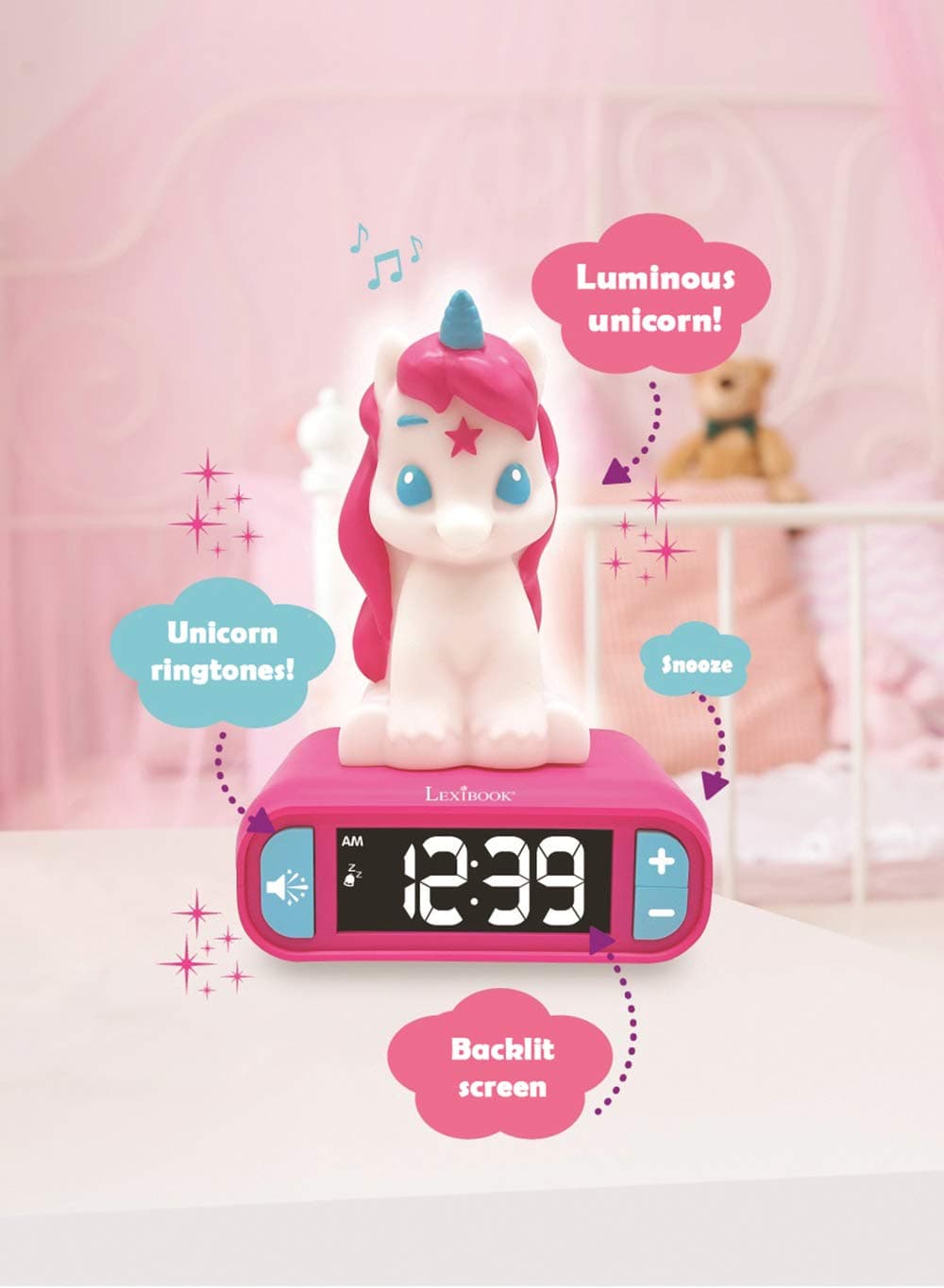 LEXIBOOK Reloj Despertador del Unicornio, Pantalla LCD Digital y luz de Noche integrada, quitamiedos niña-RL800UNI, Color Rosa (RL800UNI), Color/Modelo Surtido — view 4