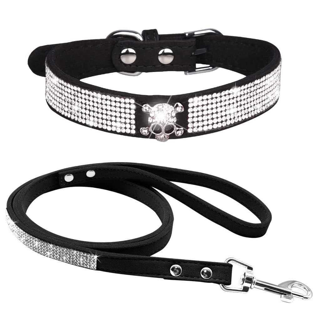 Cute Dazzling Sparkling Elegant Fancy Soft Suede Leather Bling Rhinestone Crystal Jeweled Pet Cat Dog Puppy Collar Dog Leash Combo Set (S, Black-2) — view 18