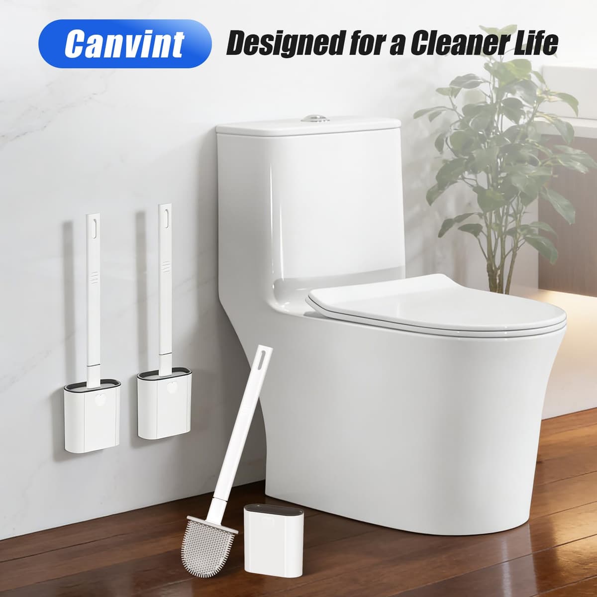 Toilet Brush, 2 Pack Bathroom Silicone Toilet Brushes and Holder Sets with No-Slip Long Plastic Handle and Soft Flexible Bristles, Toilet Brushes with holders and Base for Anti-drip (White) — view 7