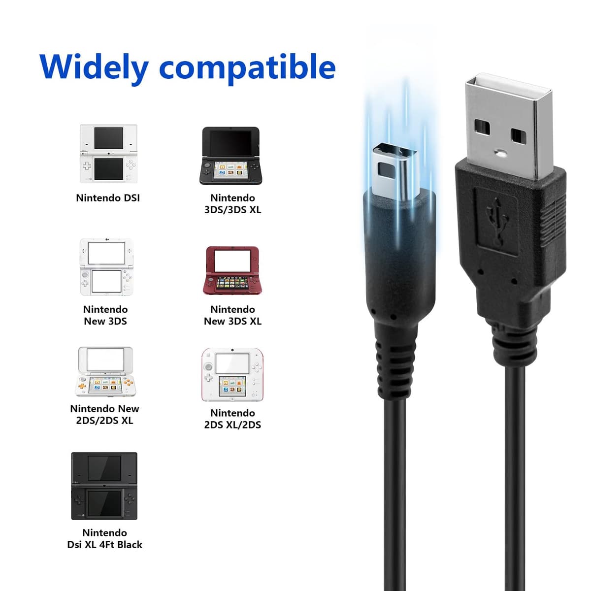 Mcbazel 2Pcs USB Power Charger Cable - 1.2M for Nintendo DSI/3DS/3DS XL/NEW 3DS/New 2DS XL/2DS - Black — view 4