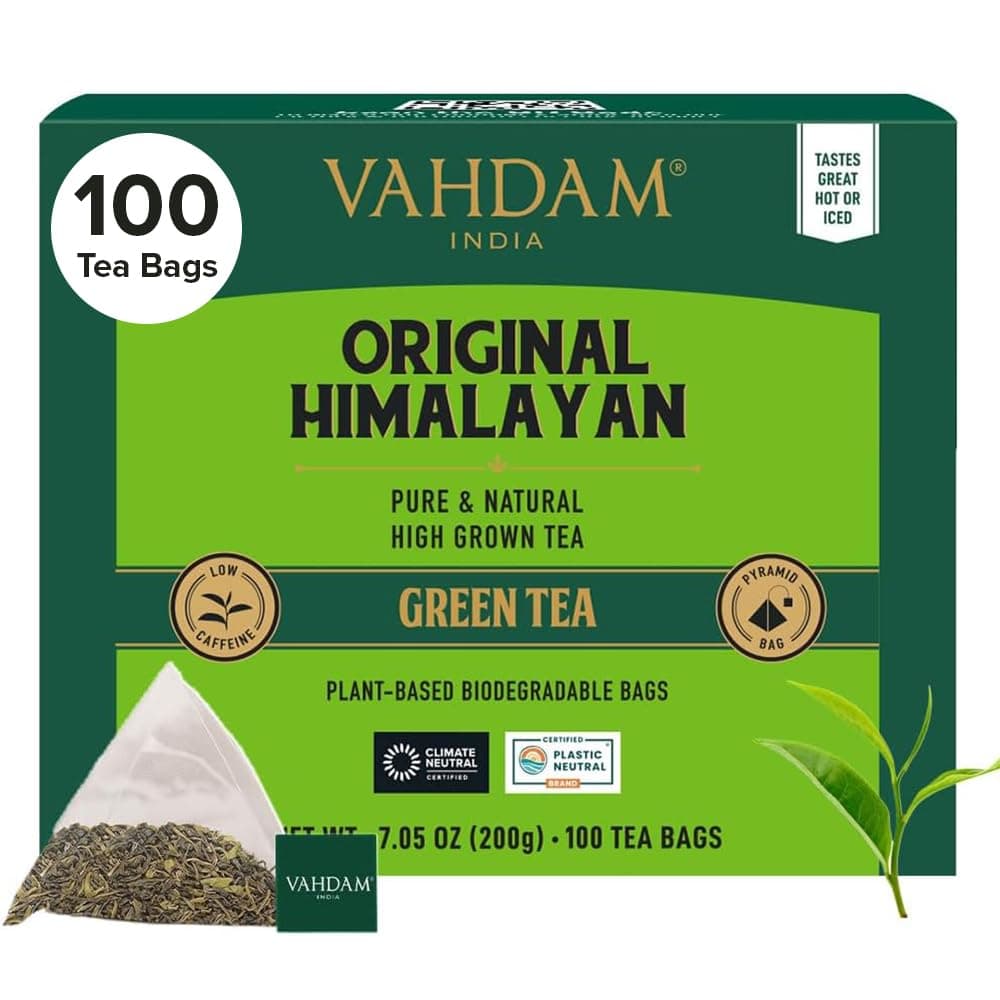 VAHDAM, Himalayan Té Verde (100 Piramidales Bolsitas De Té) 100% Pura Y Natural | Envasado Fresco En La India | Caliente, Frío O Como Kombucha