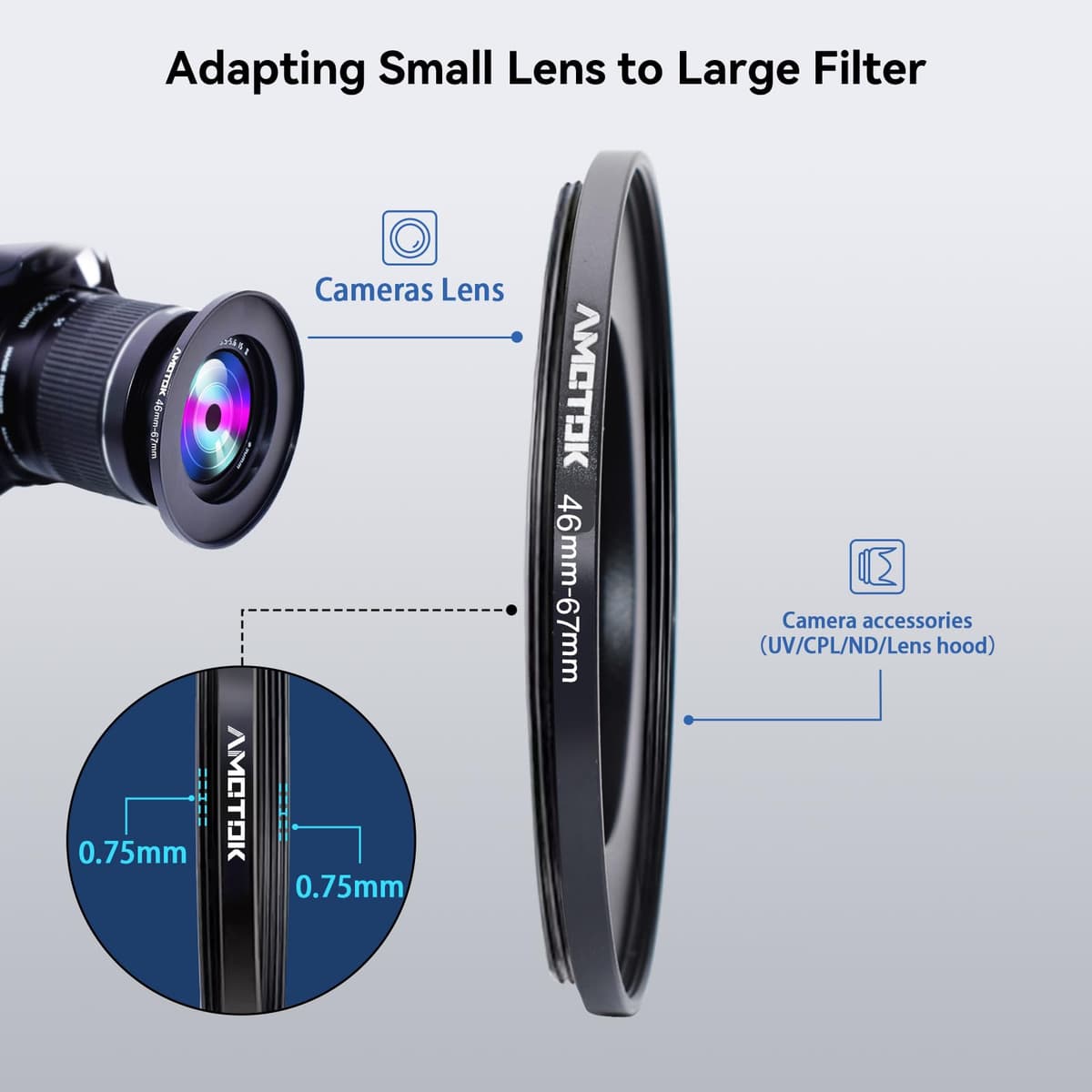 46mm a 67mm Adaptador de para Lente de cámara,Anillo Adaptador Paso hacia Arriba de Filtro de 46mm a 67mm,Compatible con Todos los Accesorios de Filtro de 67mm.Hecho de mecanizado CNC — view 4