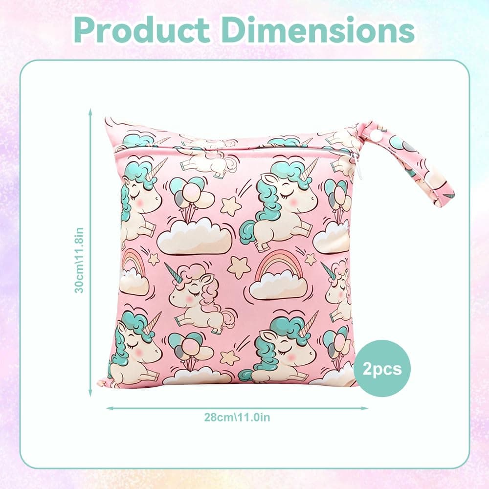 Cosiesnest 2 Packs Cartoon Print Wet Dry Bags | Waterproof Reusable Nappy & Swim Bag | Travel Laundry Bag,Single Zipper Pouch for Swimming, Beach, Nursery & Travel (12x11 inch) (B-Rainbow Horse) — view 3