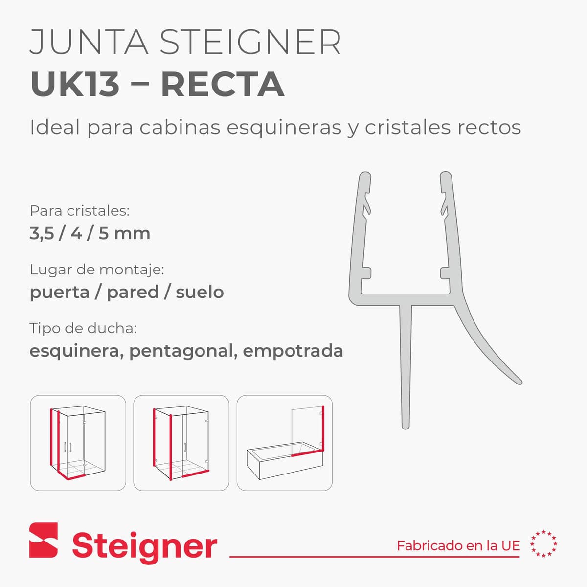 STEIGNER Junta mampara ducha UK13 90 cm (1 ud.) transparente - Junta vertical para ducha angular o pentagonal con puerta 3,5-5 mm - Protección contra fugas, Ajuste perfecto, Fácil instalación — view 2
