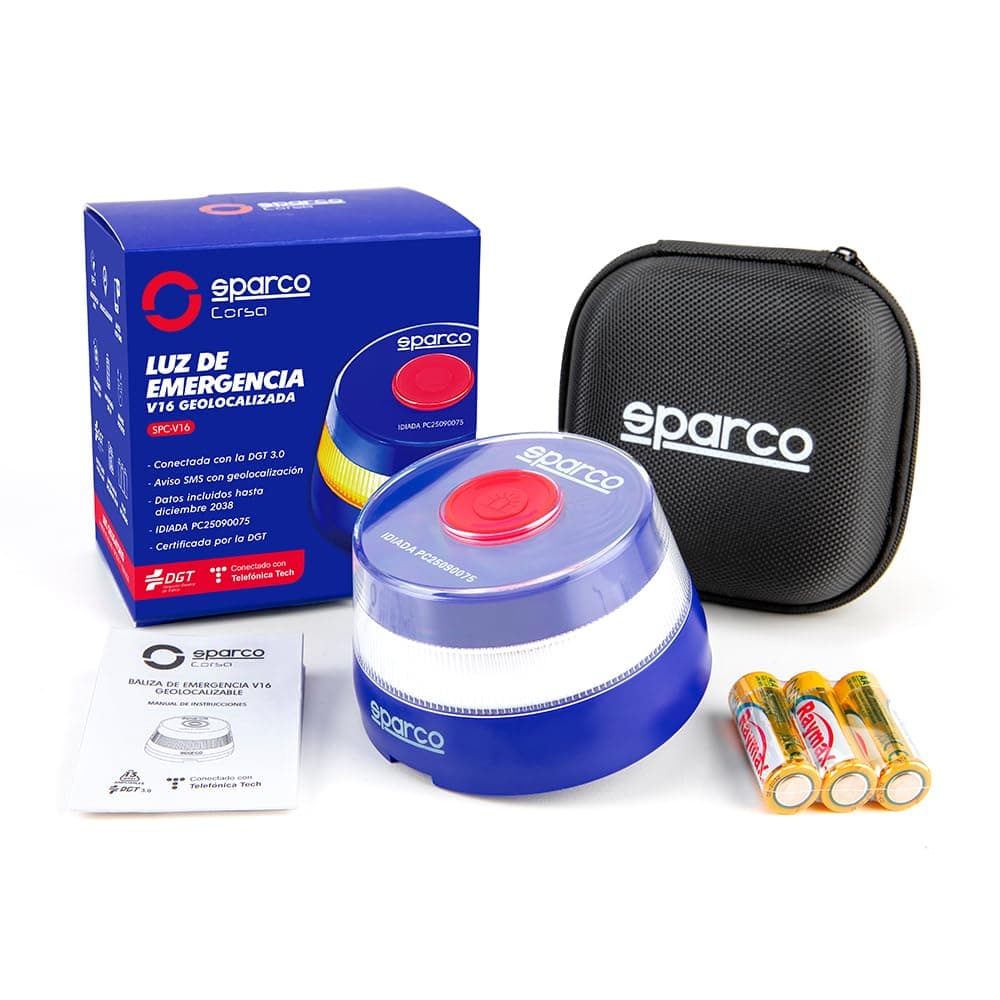 Sparco Luz Emergencia Coche V16 Homologada DGT 3.0 con Geolocalización, SIM y Datos Incluidos hasta 2038 + Estuche de Regalo, Baliza Obligatoria Enero 2026, App incluida