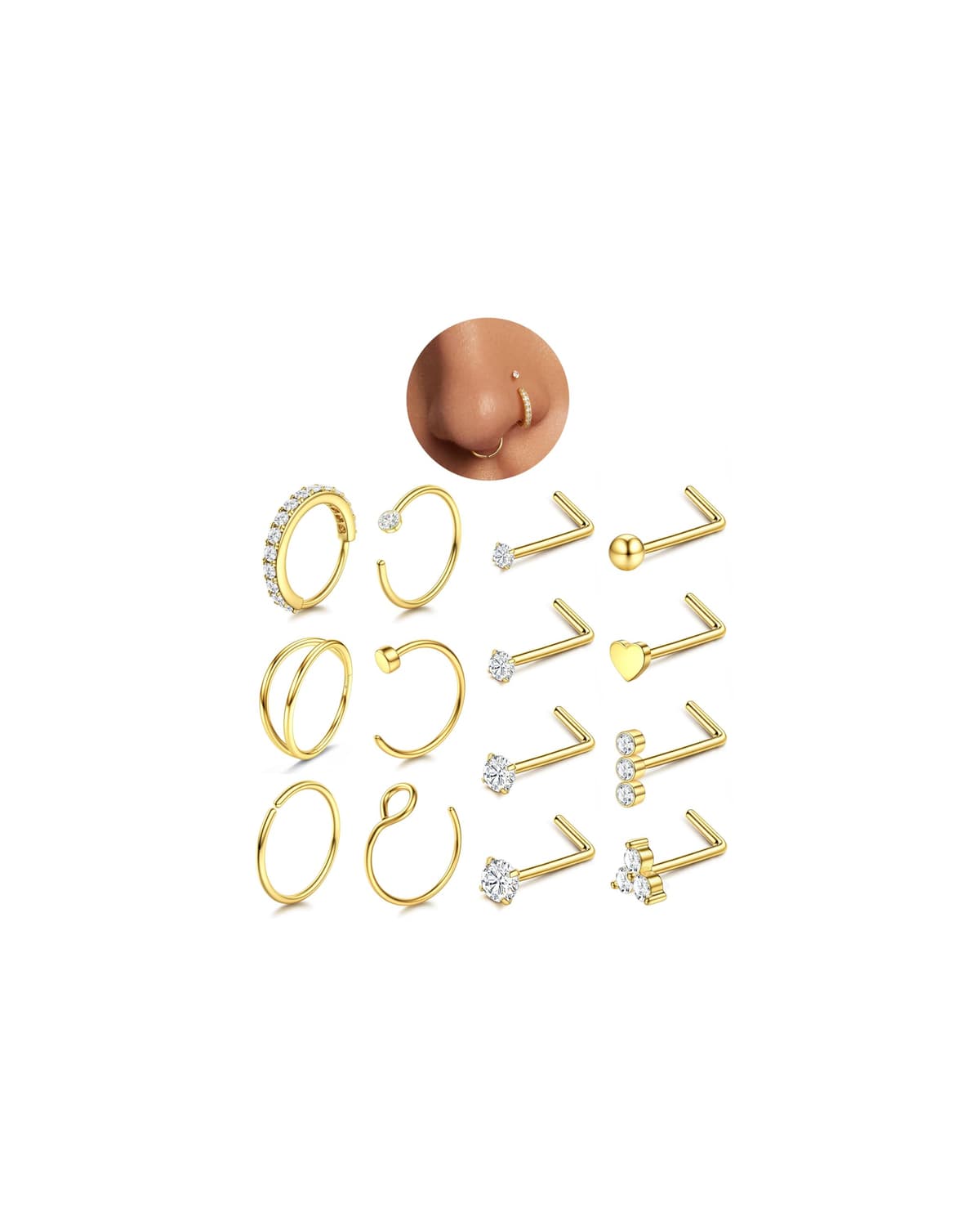CASSIECA 14 Piezas 20G Piercing Nariz Acero Quirurgico Piercing Forma de L Nariz Studs Piercing Nariz Aro Hipoalergénico Anillos de Nariz Plata Oro Mujer Hombre Joyeria Piercing — view 8