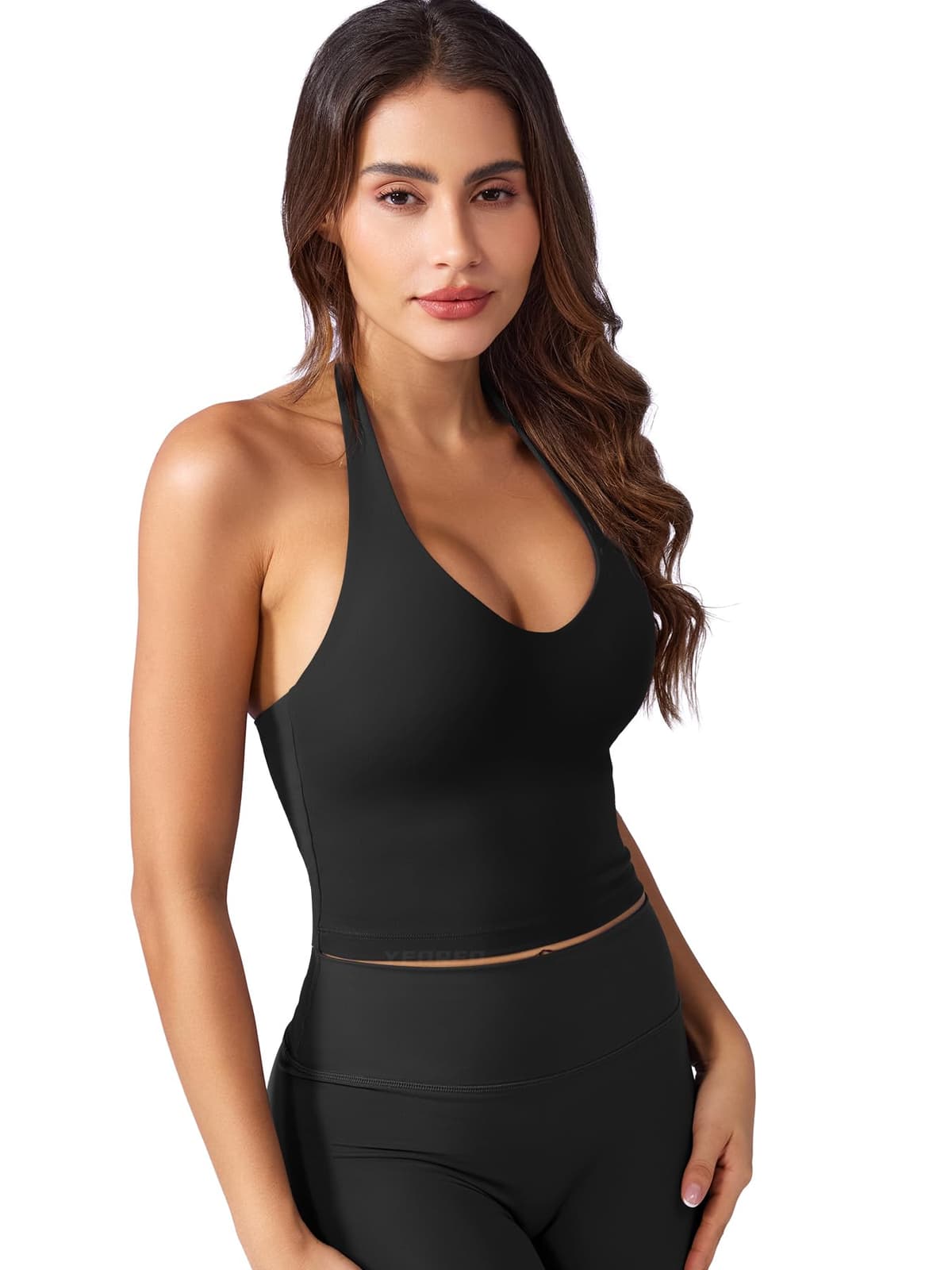 YEOREO Women's Halter Crop Top V Neck Workout Going Out Tank Top Hazel Padded Sleeveless Backless Trendy Summer Camisole