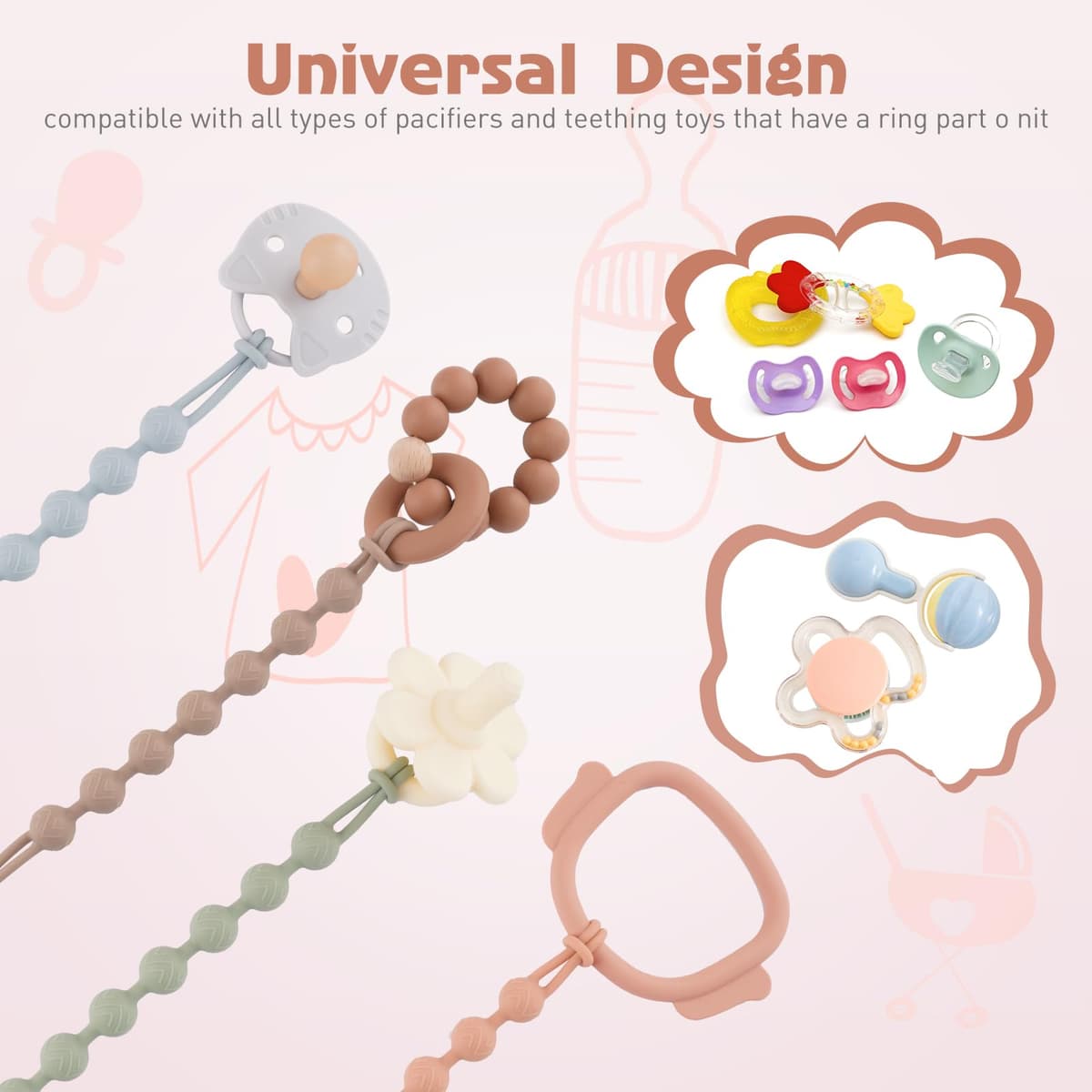 Silicone Dummy Clip for Baby Boys and Girls, One Piece Pacifier Clips, Wooden Soother Clips Design, Fits Most Pacifiers and Teething Toys, 2 Pack (Sage+Ether) — view 4