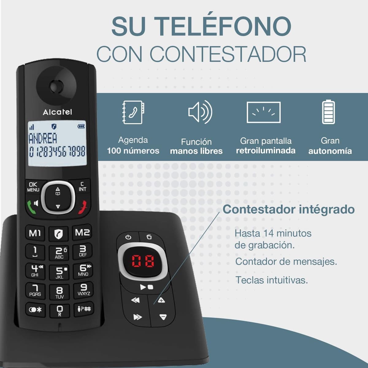 ALCATEL F530 Voice Trío - Teléfono inalámbrico DECT con contestador automático - Gran Pantalla retroiluminada - Altavoz - Bloqueo de Llamadas - 2 Teclas de Memoria Directa - 3 terminales - Negro — view 2