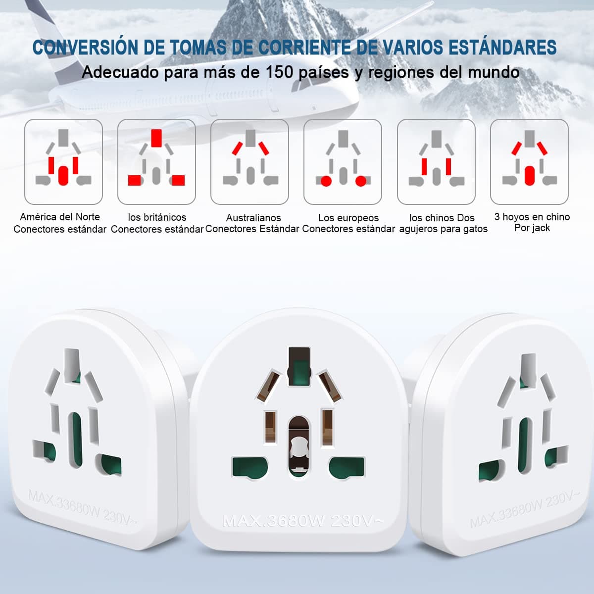 Adaptador Europeo EXTRASTAR para múltiples enchufes Nacionales, Adecuado para Viajes. Compatible con EE. UU., Reino Unido, China, Francia, Alemania, Italia, Australia y Otros países, 2 Unidades. — view 5