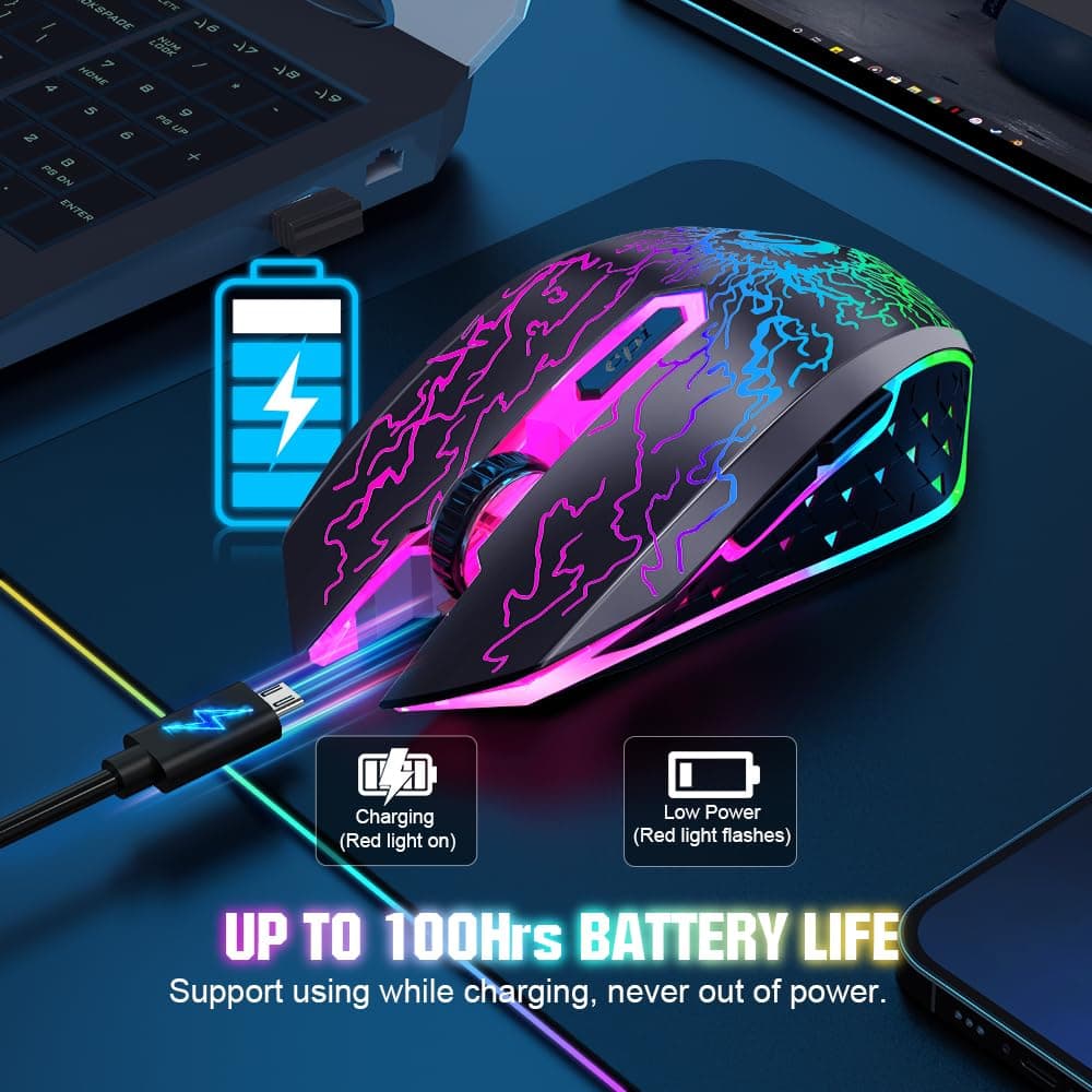 VersionTECH. Wireless Gaming Mouse, Rechargeable Computer Mouse Mice with Colorful LED Lights, Silent Click, 2.4G USB Nano Receiver, 3 Level DPI for PC Gamer Laptop Desktop Chromebook Mac -Black — view 6