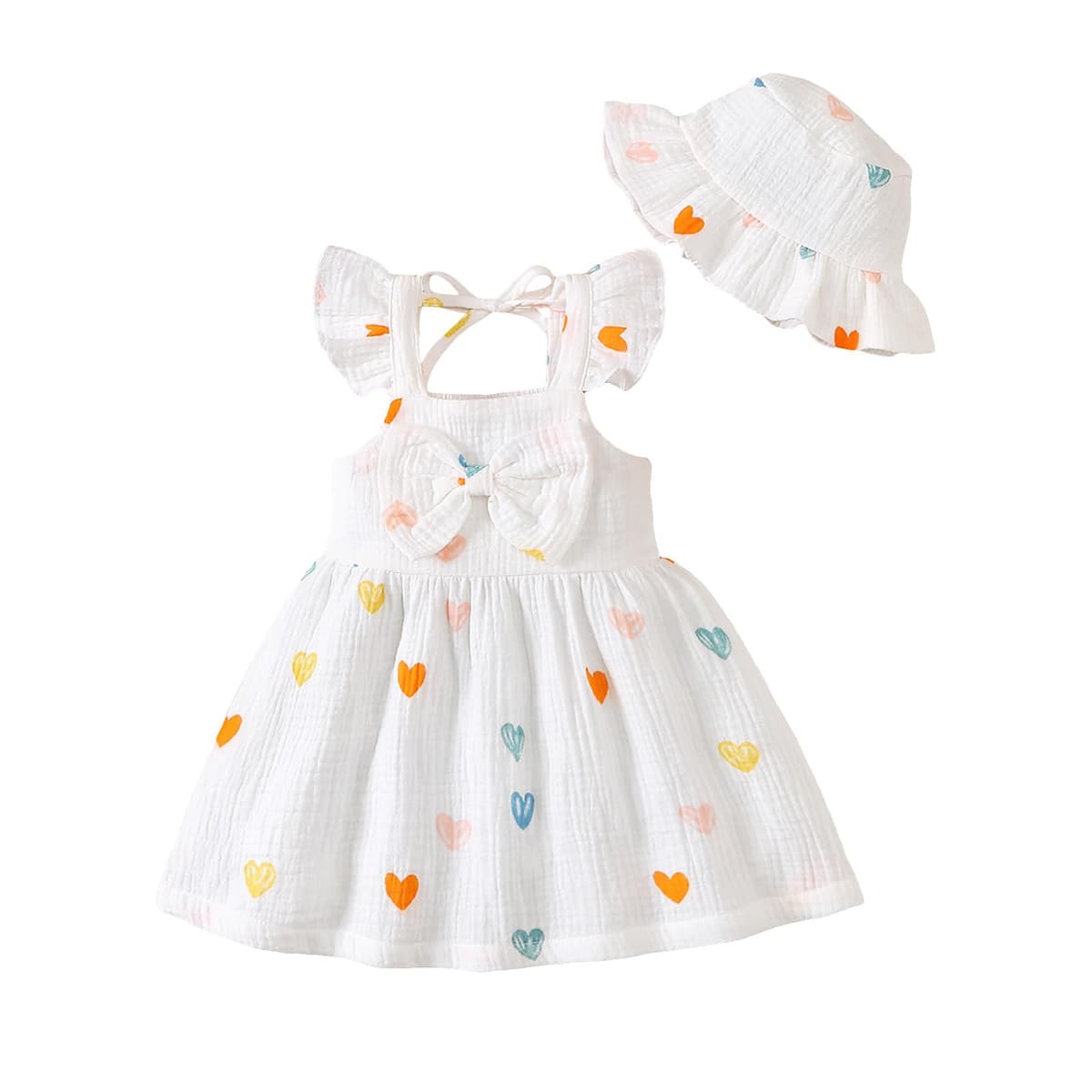 Conjunto Vestido y Gorro para Niña Pequeña Mangas con Volantes Estampado de Corazones/Flores de Algodón Lino Ropa de Primavera Verano — view 8